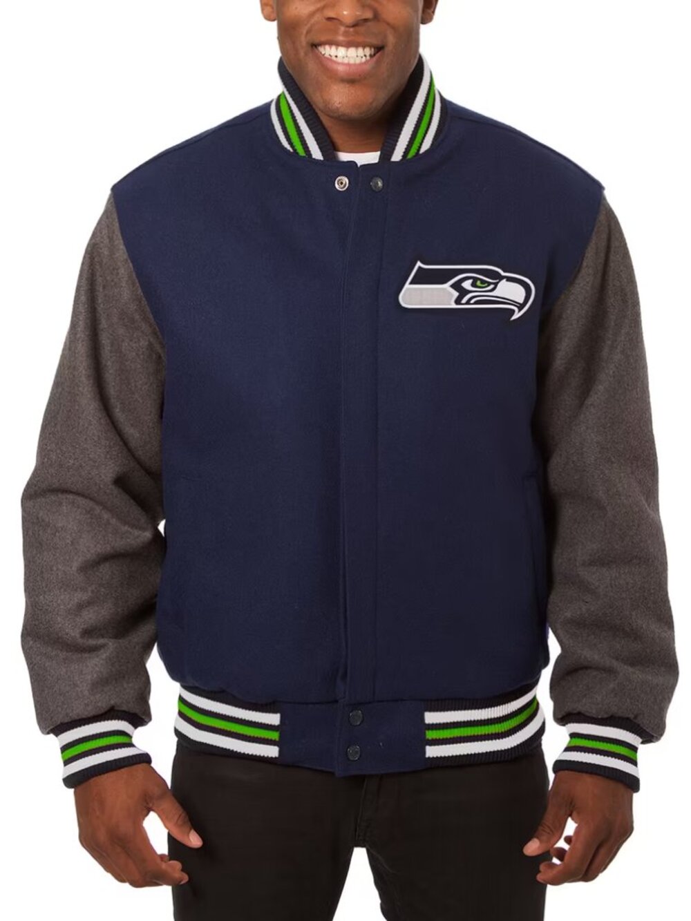 NFL Men's Navy Gray Seattle Seahawks Wool Front Snap Varsity Jacket Size XL